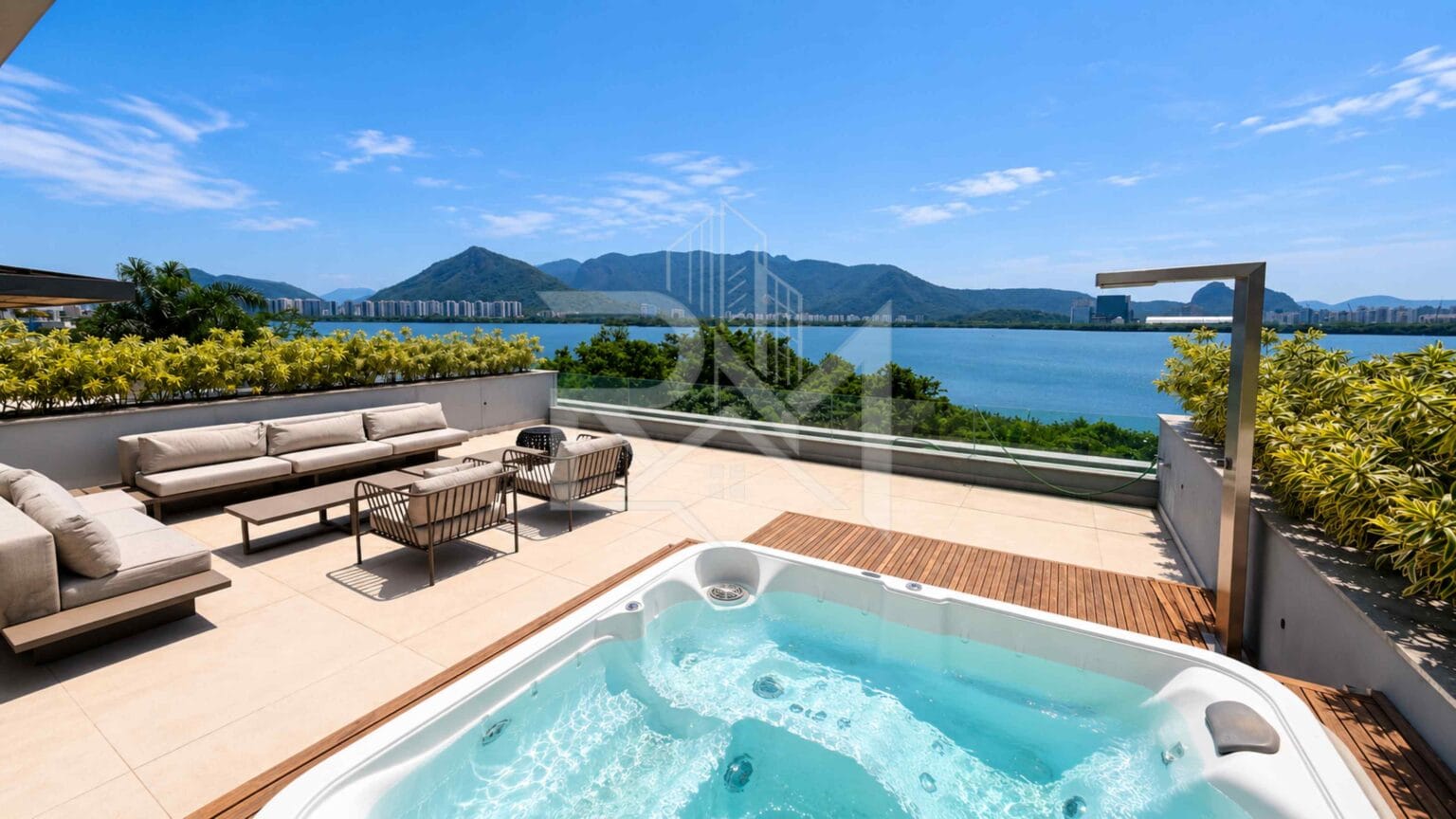 Varanda do terceiro pavimento com hidromassagem e vista lagoa